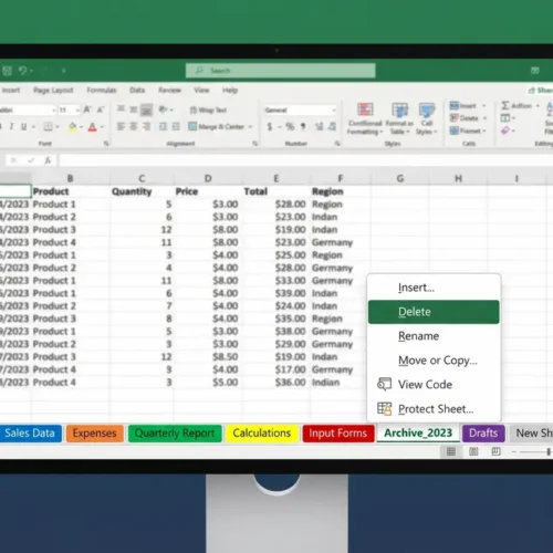 How to delete a sheet in Excel showing right-click context menu on a sheet tab
