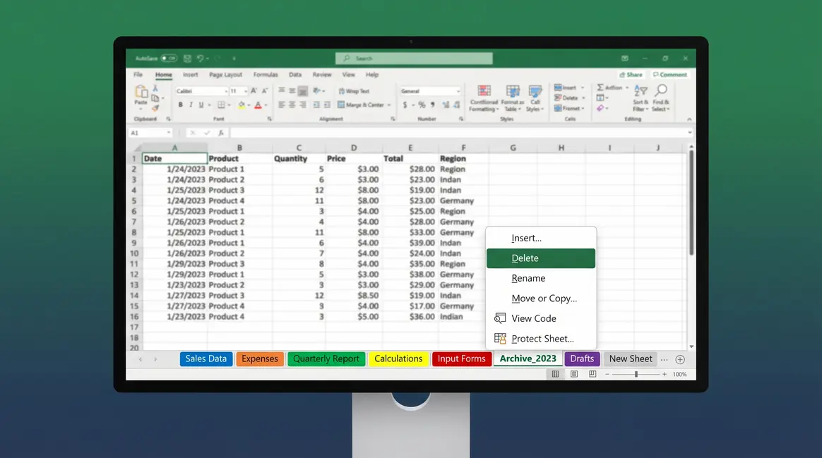 How to delete a sheet in Excel showing right-click context menu on a sheet tab