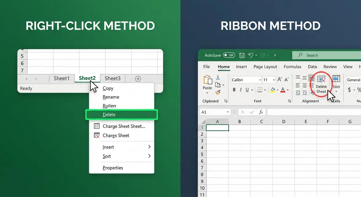 How to delete a sheet in Excel showing right-click menu and ribbon Delete Sheet option
