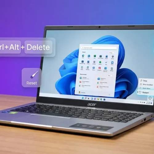 How to restart an Acer laptop showing Windows Start Menu with Power and Restart options highlighted