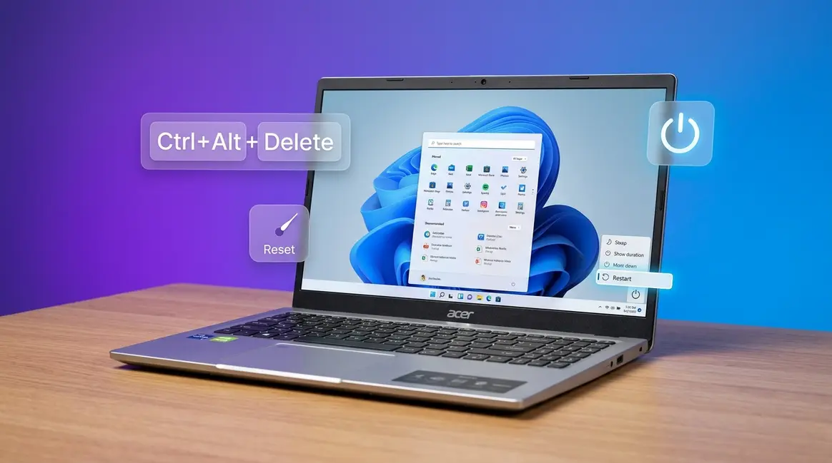 How to restart an Acer laptop showing Windows Start Menu with Power and Restart options highlighted
