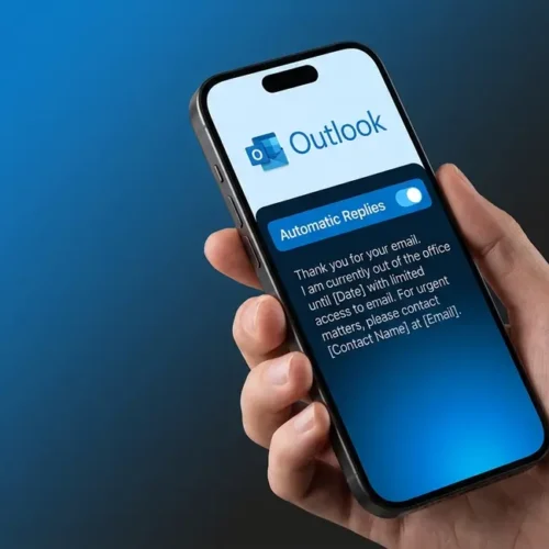 How to set out of office in Outlook on iPhone showing Automatic Replies toggle enabled on screen