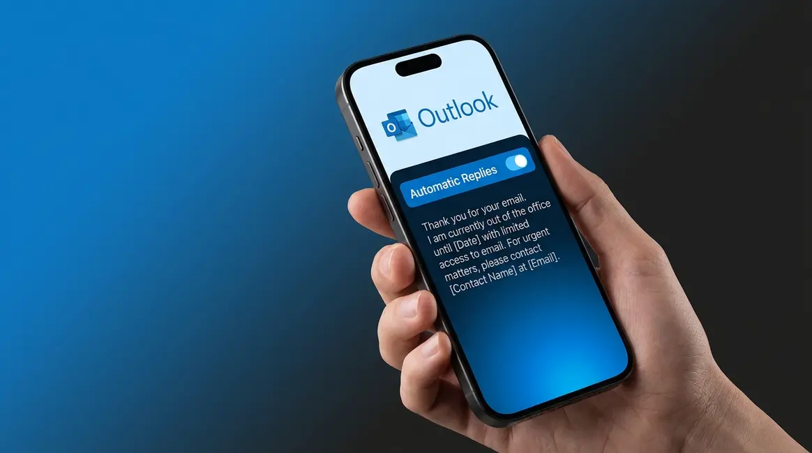 How to set out of office in Outlook on iPhone showing Automatic Replies toggle enabled on screen