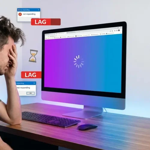 Person frustrated at slow PC with Windows Task Manager open showing high CPU usage